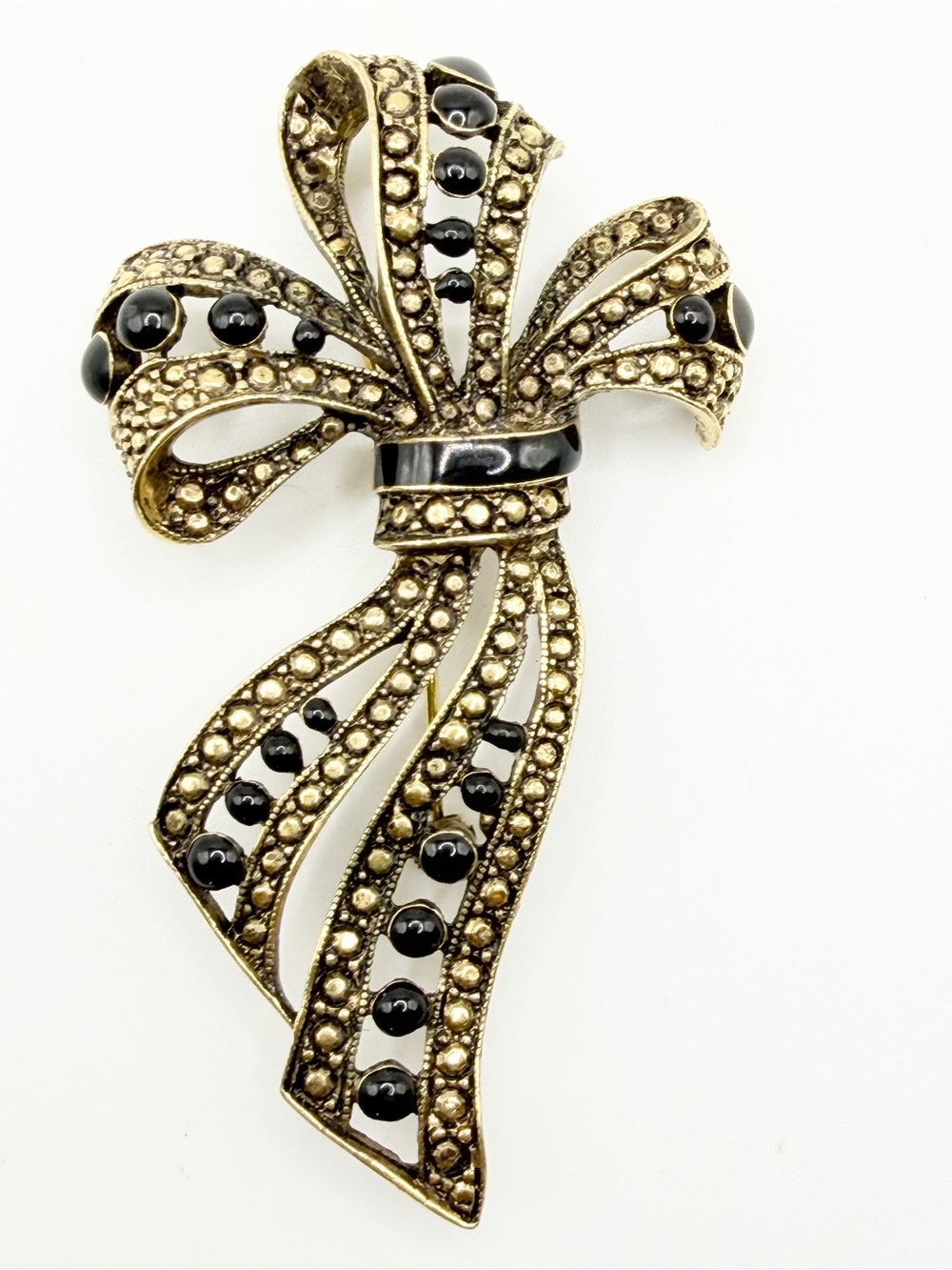 Vintage Ornate Gold-Tone Bow Brooch Black Cabochon Statement Ribbon Pin